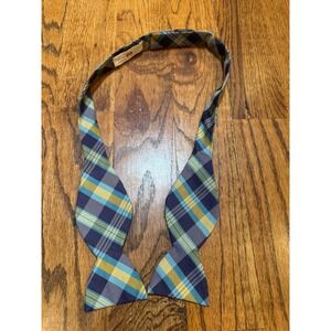 Carrot & Gibbs Mens Pure Silk Self Tie Bow Tie Blue Yellow Plaid Handmade USA